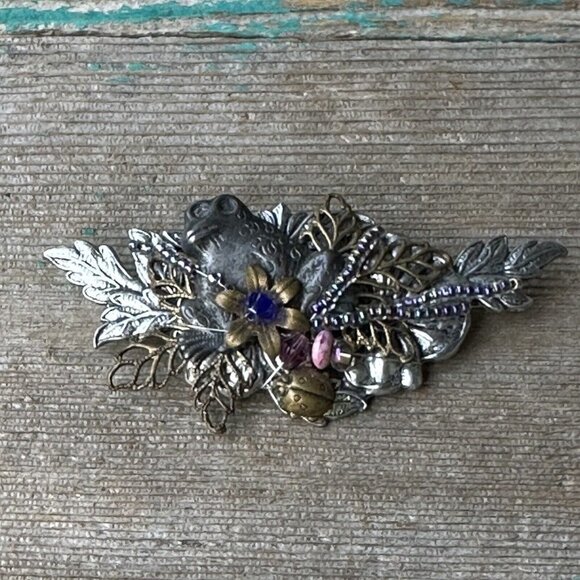 Cara Stimmel Ltd Brooch Frog Ladybug Beads Floral Silver Tone Signed 2.75" VTG - Picture 4 of 7